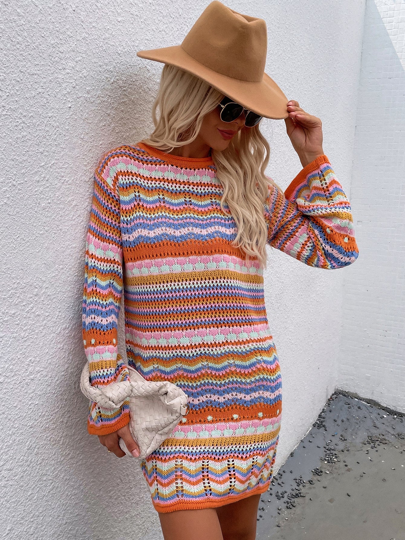 | Zig Zag Crochet Knit Dress - Orange