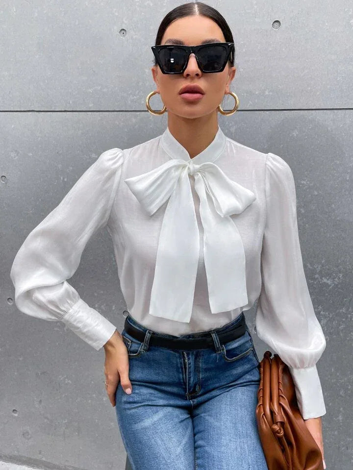 French Style Tie Neck Puff Sleeve Satin Blouse