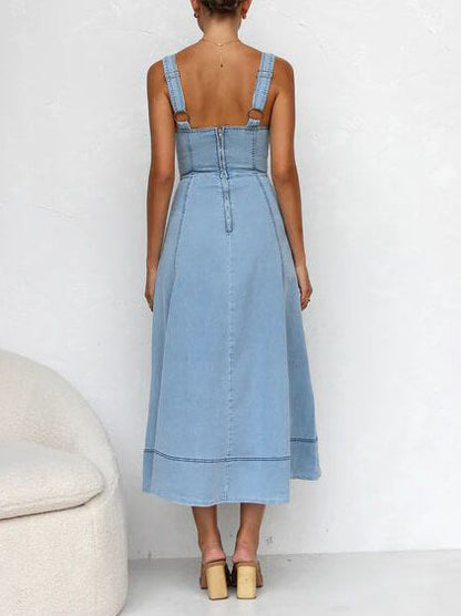 Denim Suspender Button Midi Dress
