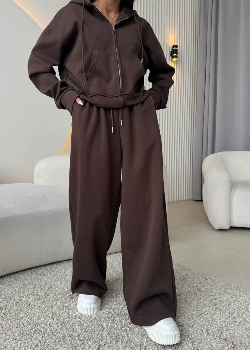 Lemon Cream Zip Hoodie & Wide-leg Pants Set – Cozy Loungewear for