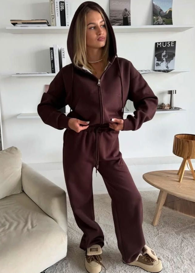 Lemon Cream Zip Hoodie & Wide-leg Pants Set – Cozy Loungewear for