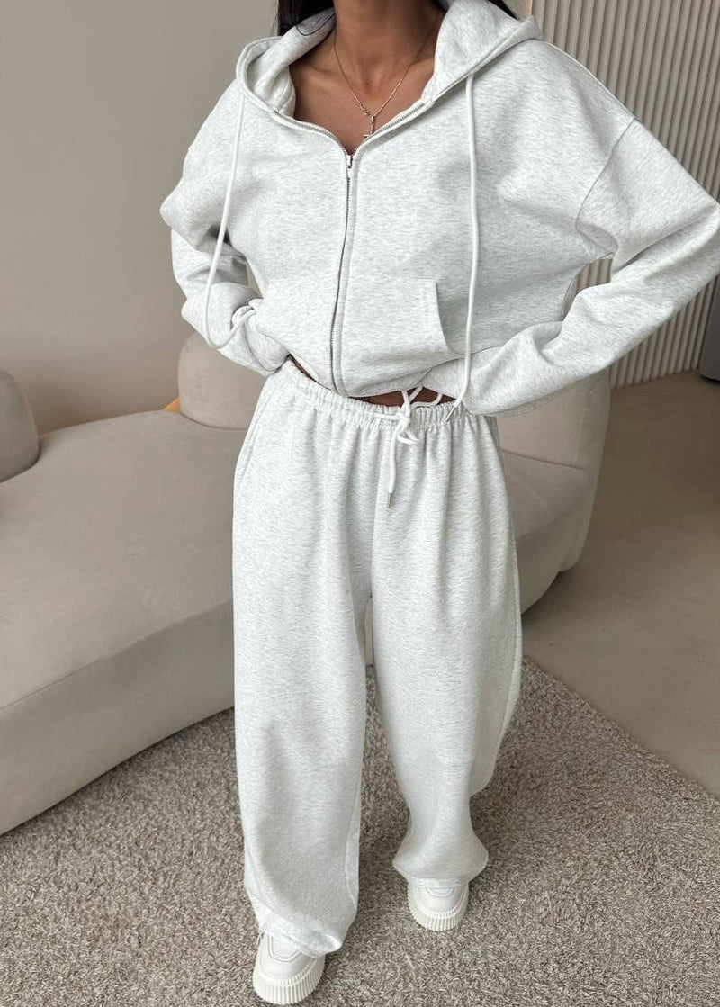 Lemon Cream Zip Hoodie & Wide-leg Pants Set – Cozy Loungewear for