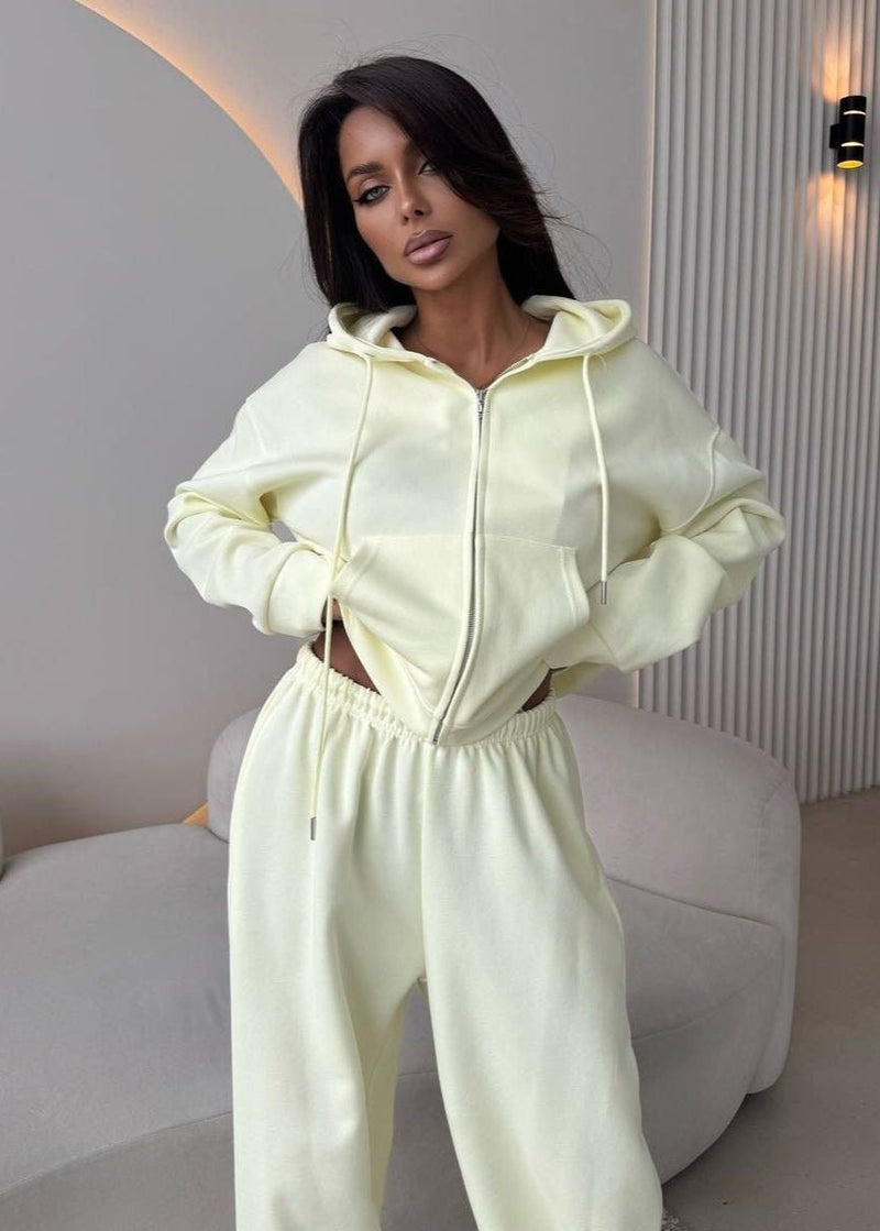 Lemon Cream Zip Hoodie & Wide-leg Pants Set – Cozy Loungewear for