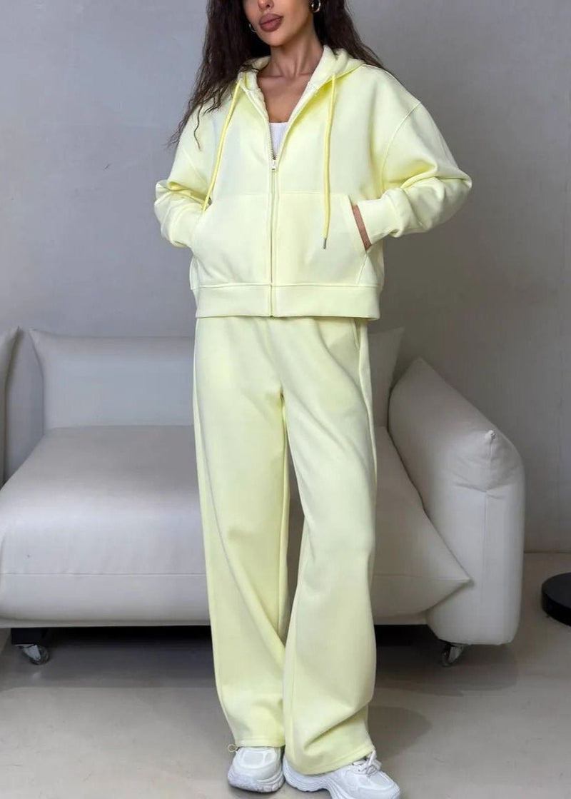 Lemon Cream Zip Hoodie & Wide-leg Pants Set – Cozy Loungewear for