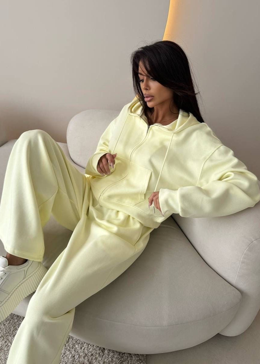 Lemon Cream Zip Hoodie & Wide-leg Pants Set – Cozy Loungewear for