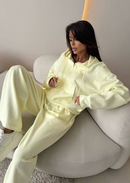 Lemon Cream Zip Hoodie & Wide-leg Pants Set – Cozy Loungewear for