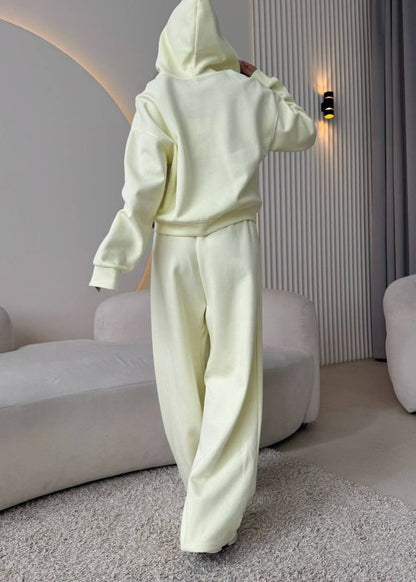 Lemon Cream Zip Hoodie & Wide-leg Pants Set – Cozy Loungewear for
