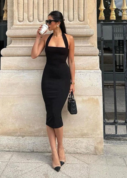 Black Halter Bodycon Midi Dress – Square Neck Sleeveless