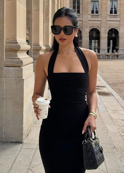 Black Halter Bodycon Midi Dress – Square Neck Sleeveless