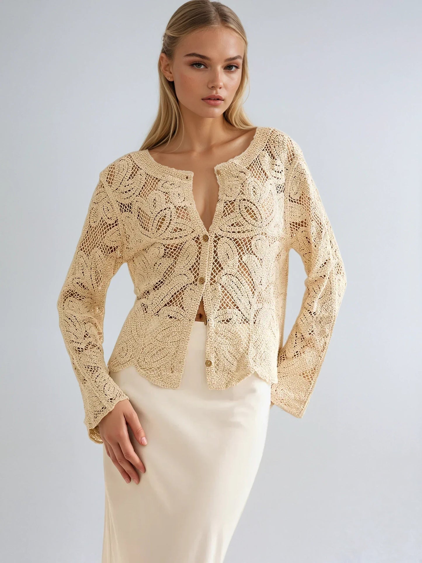 Crochet Lace Cardigan With Scalloped Edge Details