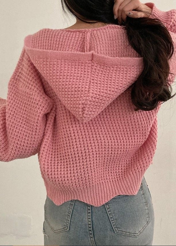 Pink Waffle-knit Hooded Zip Cardigan – ’s Cropped Sweater