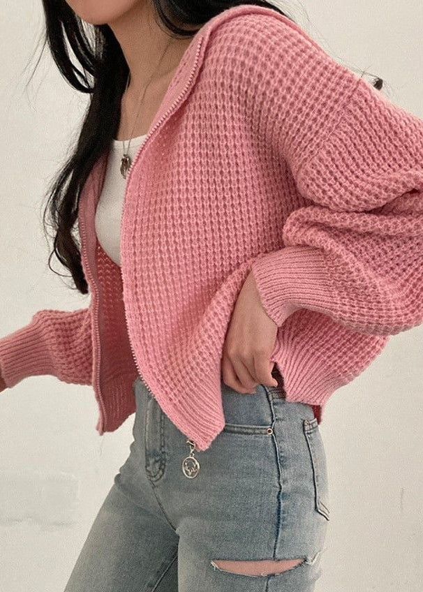 Pink Waffle-knit Hooded Zip Cardigan – ’s Cropped Sweater