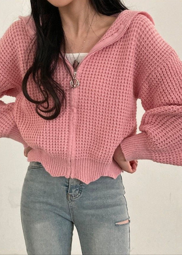 Pink Waffle-knit Hooded Zip Cardigan – ’s Cropped Sweater