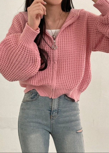 Pink Waffle-knit Hooded Zip Cardigan – ’s Cropped Sweater
