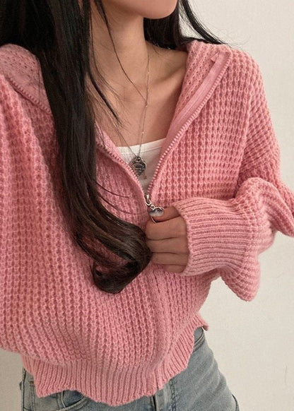 Pink Waffle-knit Hooded Zip Cardigan – ’s Cropped Sweater