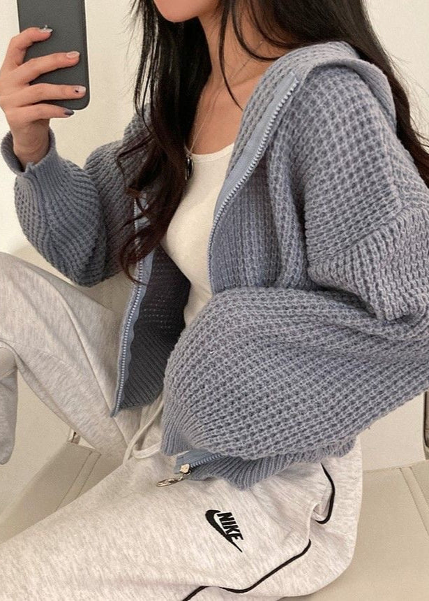 Pink Waffle-knit Hooded Zip Cardigan – ’s Cropped Sweater