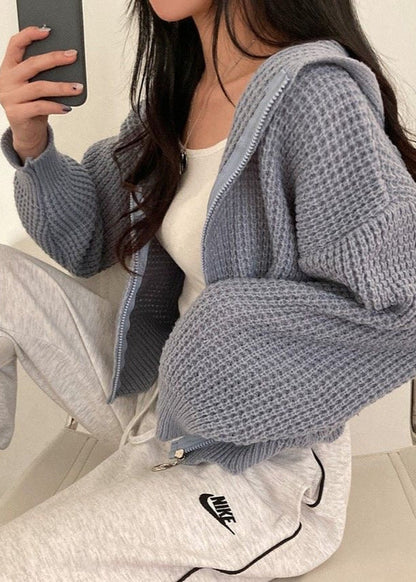 Pink Waffle-knit Hooded Zip Cardigan – ’s Cropped Sweater