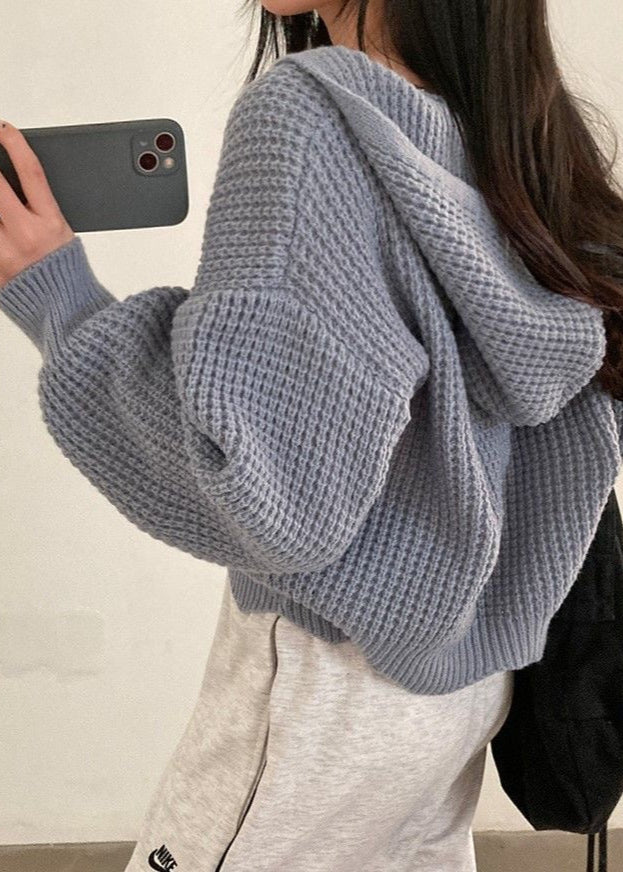 Pink Waffle-knit Hooded Zip Cardigan – ’s Cropped Sweater