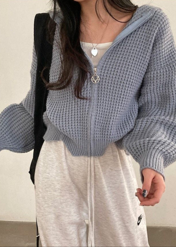 Pink Waffle-knit Hooded Zip Cardigan – ’s Cropped Sweater