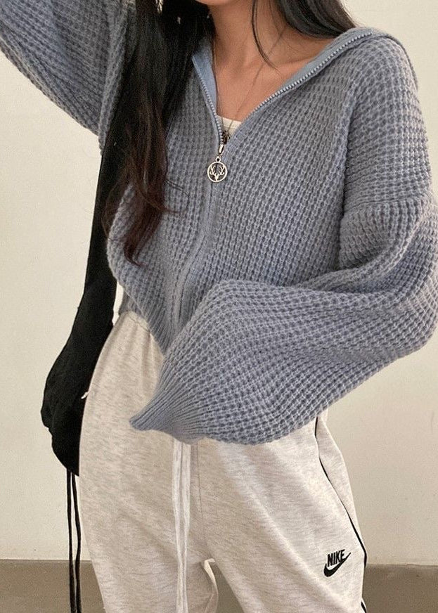 Pink Waffle-knit Hooded Zip Cardigan – ’s Cropped Sweater