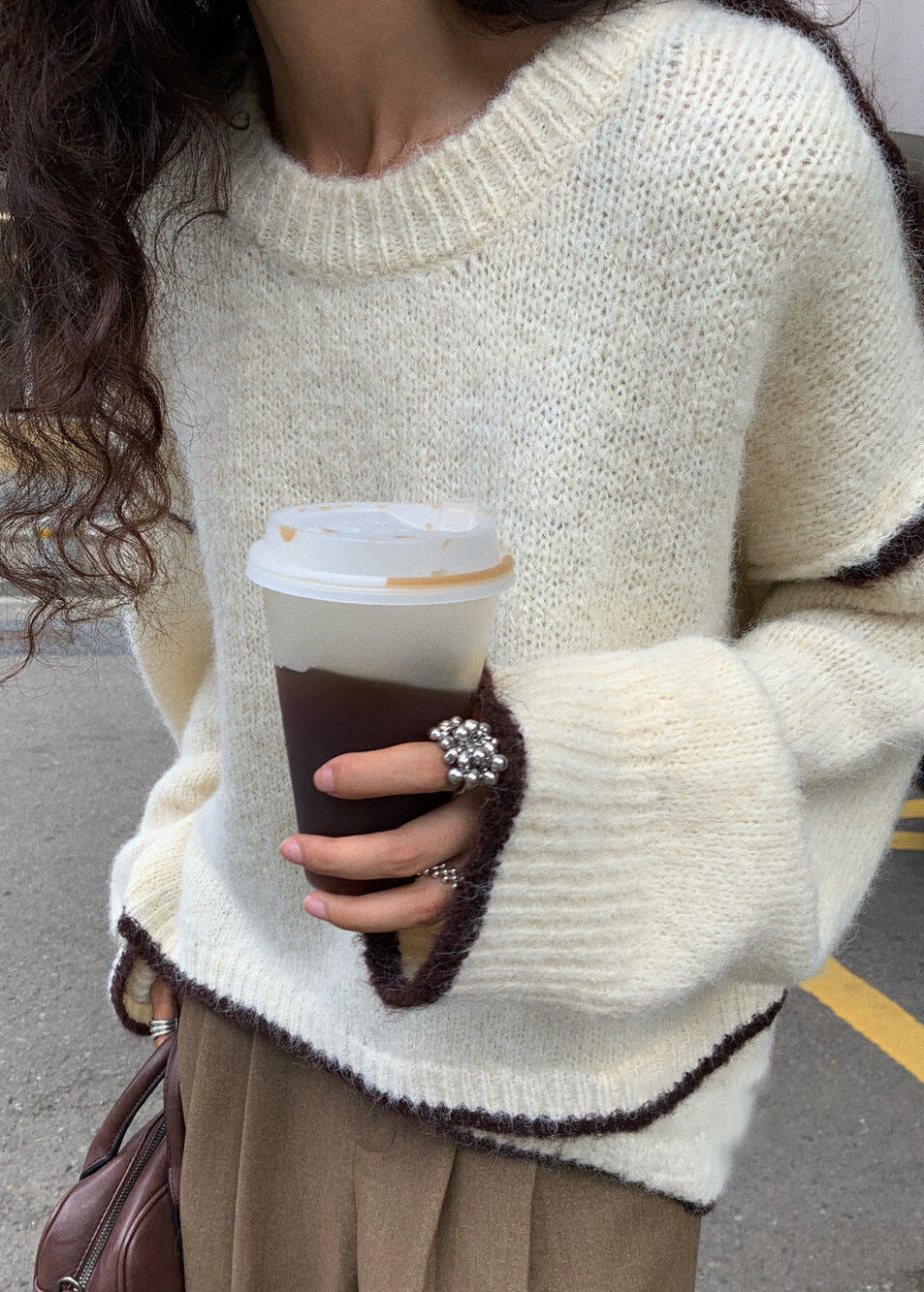 Gray Fuzzy Contrast-trim Sweater – ’s Loose Crewneck Pullover