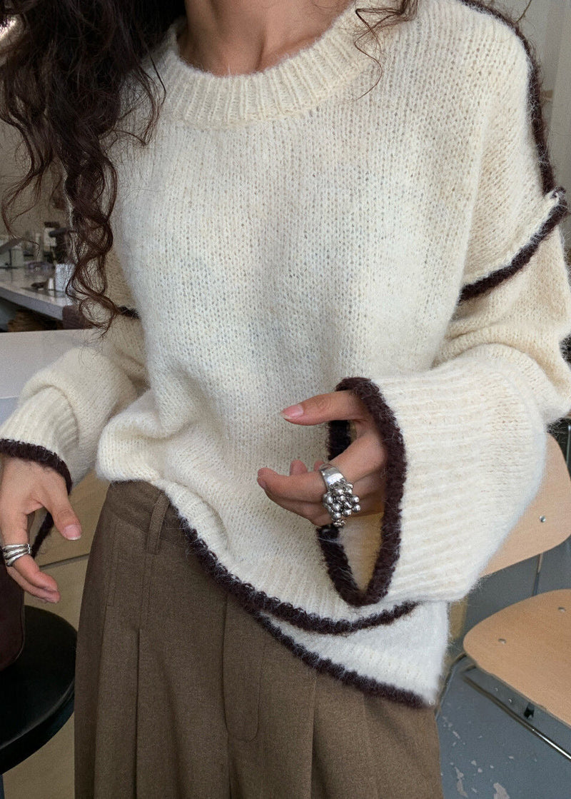 Gray Fuzzy Contrast-trim Sweater – ’s Loose Crewneck Pullover
