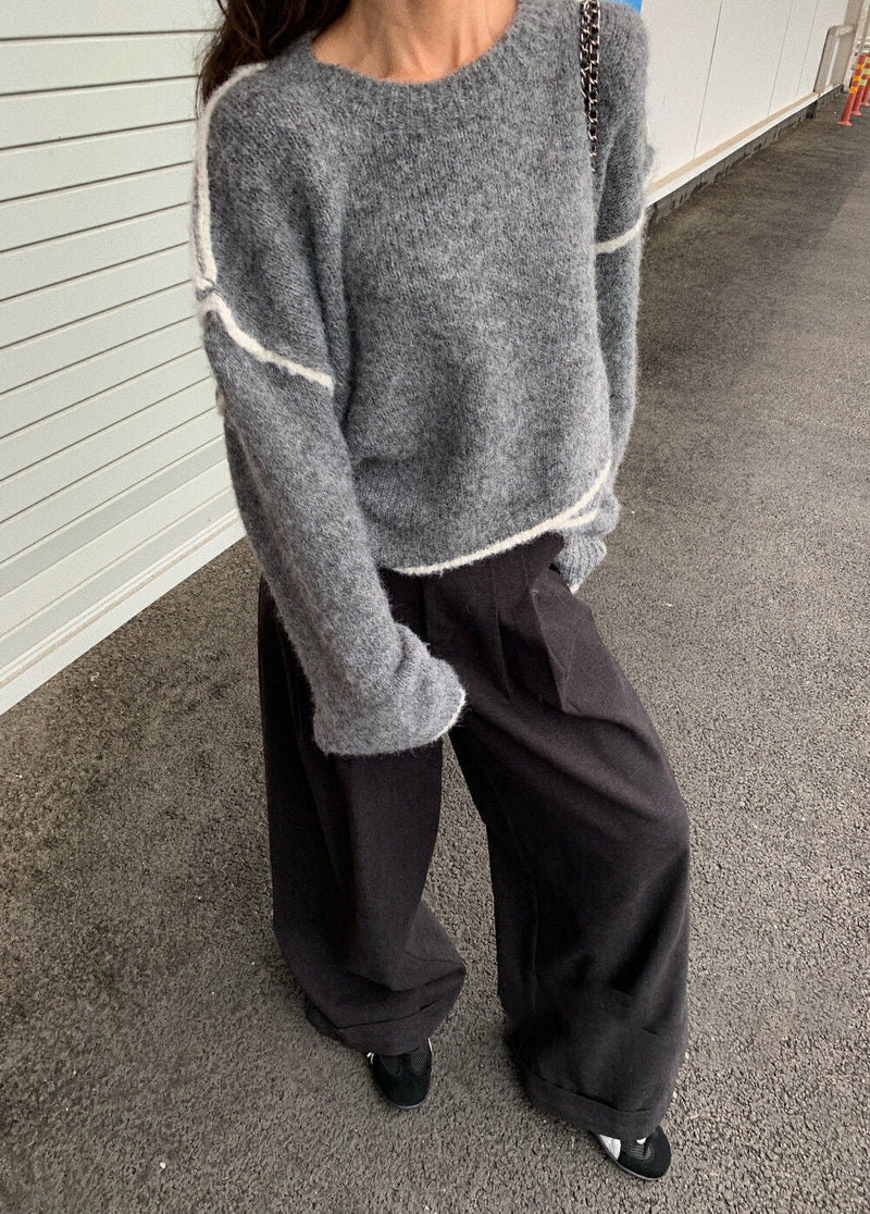 Gray Fuzzy Contrast-trim Sweater – ’s Loose Crewneck Pullover