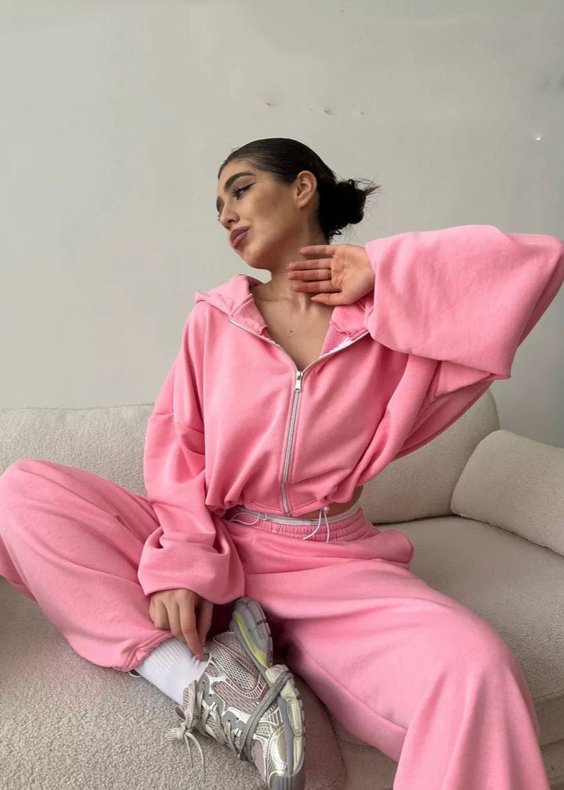 Bubblegum Pink Cropped Zip Hoodie and Wide-leg Pants Set