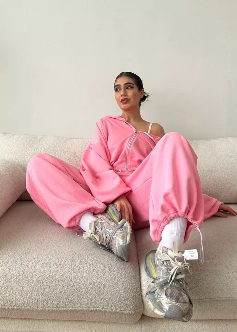 Bubblegum Pink Cropped Zip Hoodie and Wide-leg Pants Set