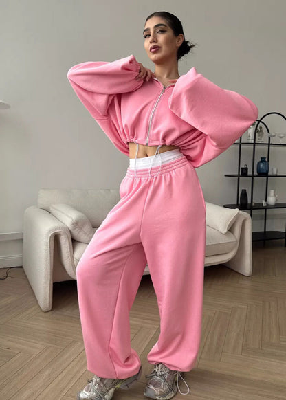 Bubblegum Pink Cropped Zip Hoodie and Wide-leg Pants Set