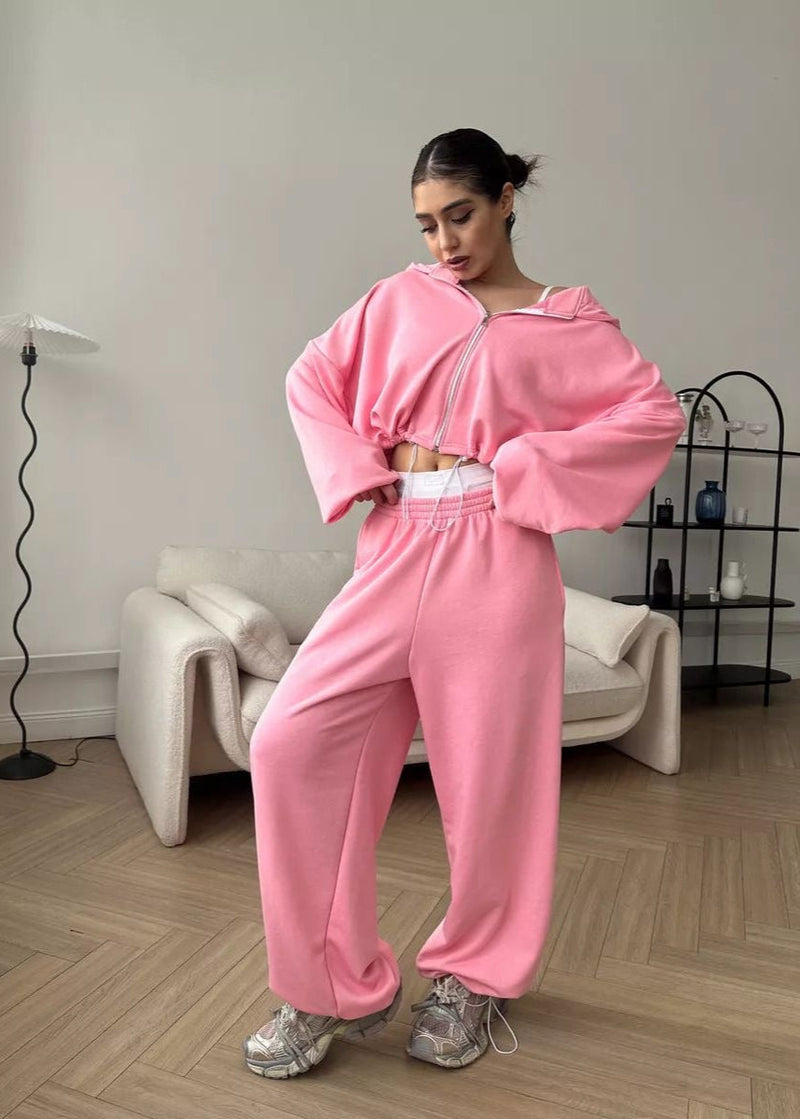 Bubblegum Pink Cropped Zip Hoodie and Wide-leg Pants Set