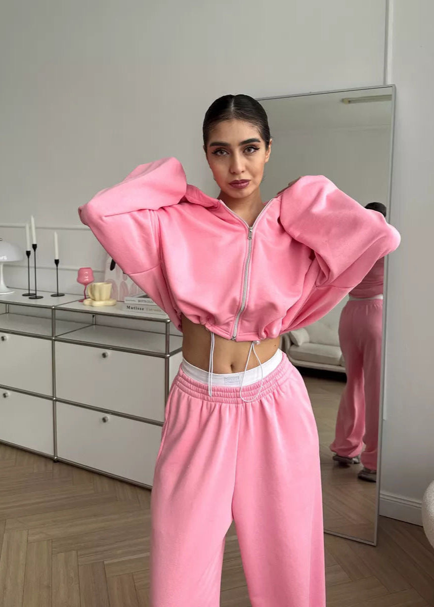 Bubblegum Pink Cropped Zip Hoodie and Wide-leg Pants Set