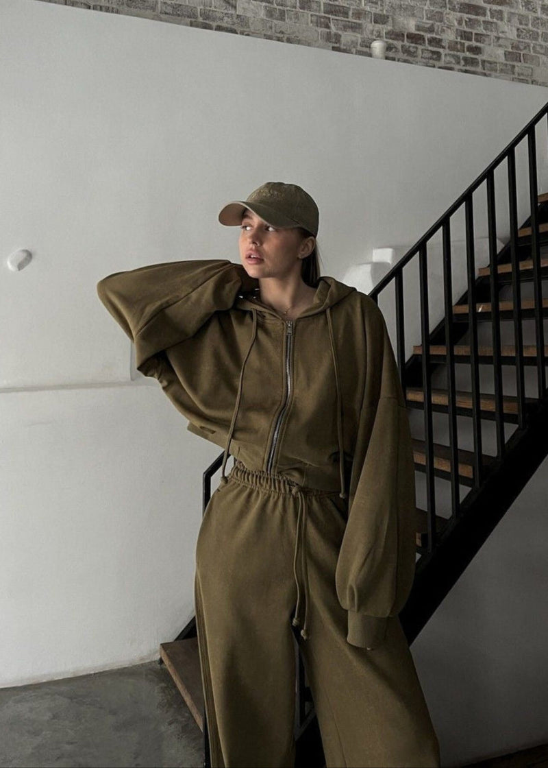 Olive Oversized Hoodie and Wide-leg Pants Two-piece Set