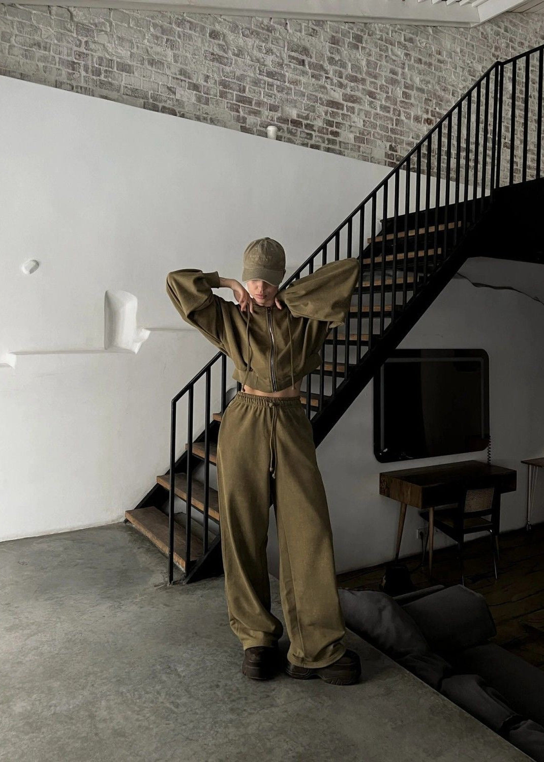 Olive Oversized Hoodie and Wide-leg Pants Two-piece Set