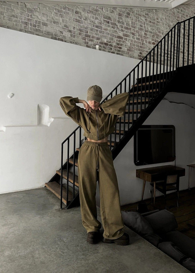 Olive Oversized Hoodie and Wide-leg Pants Two-piece Set