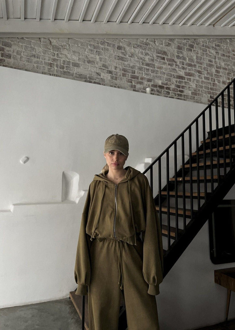 Olive Oversized Hoodie and Wide-leg Pants Two-piece Set