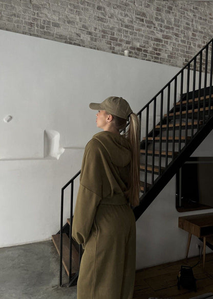 Olive Oversized Hoodie and Wide-leg Pants Two-piece Set