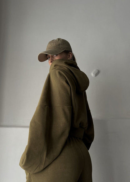 Olive Oversized Hoodie and Wide-leg Pants Two-piece Set