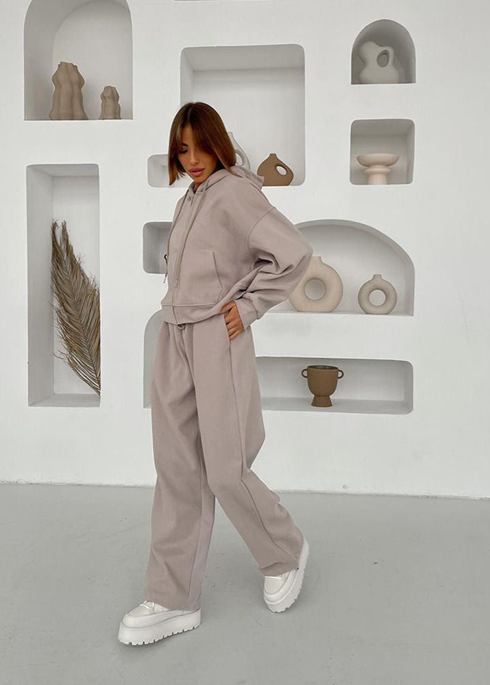Soft Beige Zip Hoodie and Wide-leg Pants Set – ’s Relaxed Fit Tracksuit
