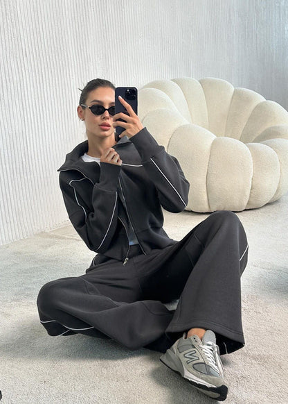 Navy Zip-up Hoodie and Wide-leg Pants Set – ’s Two-piece Outfit