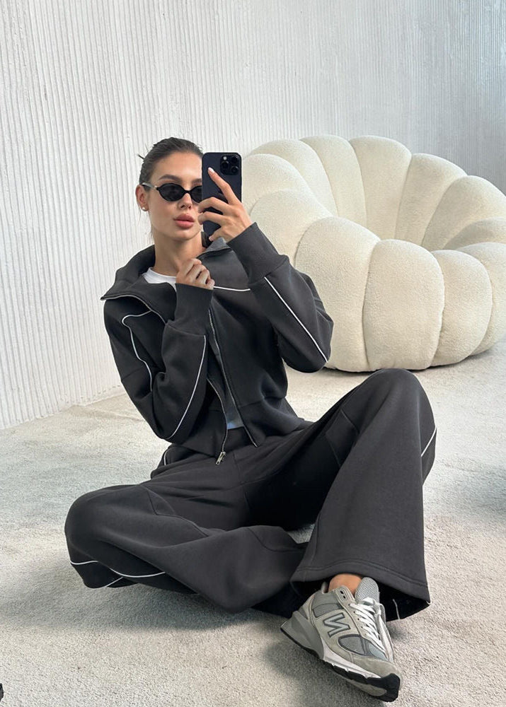 Navy Zip-up Hoodie and Wide-leg Pants Set – ’s Two-piece Outfit