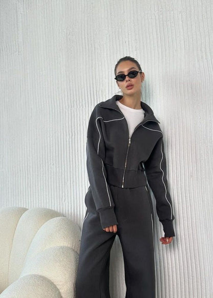 Navy Zip-up Hoodie and Wide-leg Pants Set – ’s Two-piece Outfit