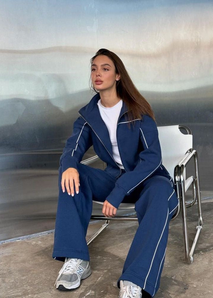 Navy Zip-up Hoodie and Wide-leg Pants Set – ’s Two-piece Outfit