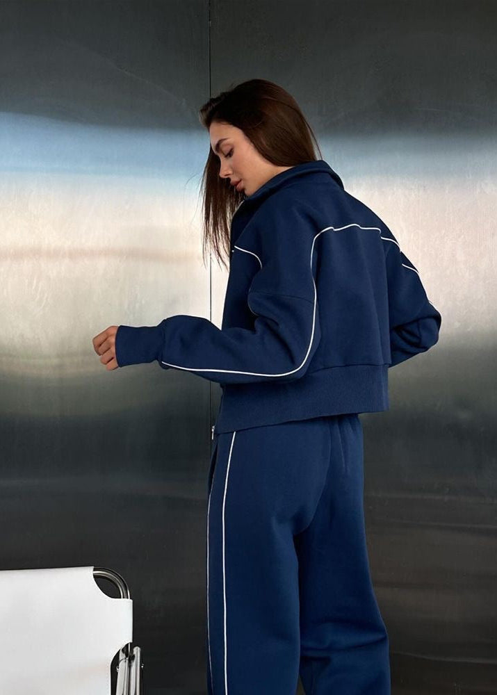 Navy Zip-up Hoodie and Wide-leg Pants Set – ’s Two-piece Outfit