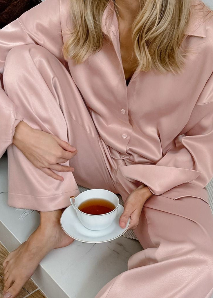 Blush Satin Relaxed Two-piece Set – Button Shirt & Wide-leg Pants