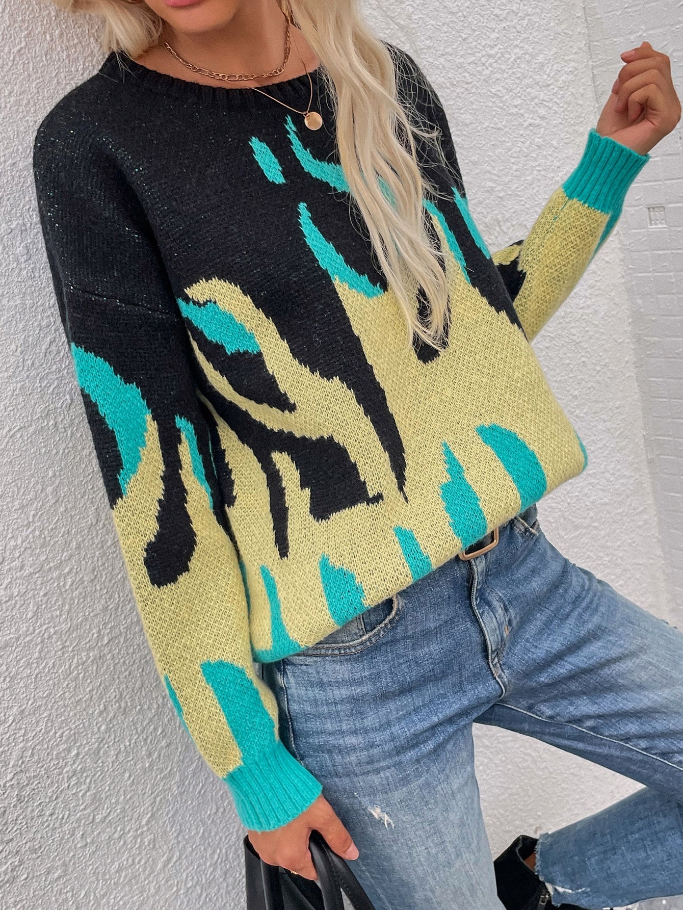 | Green Yellow Flame Black Knit Sweater