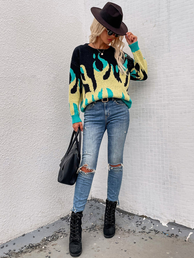 | Green Yellow Flame Black Knit Sweater
