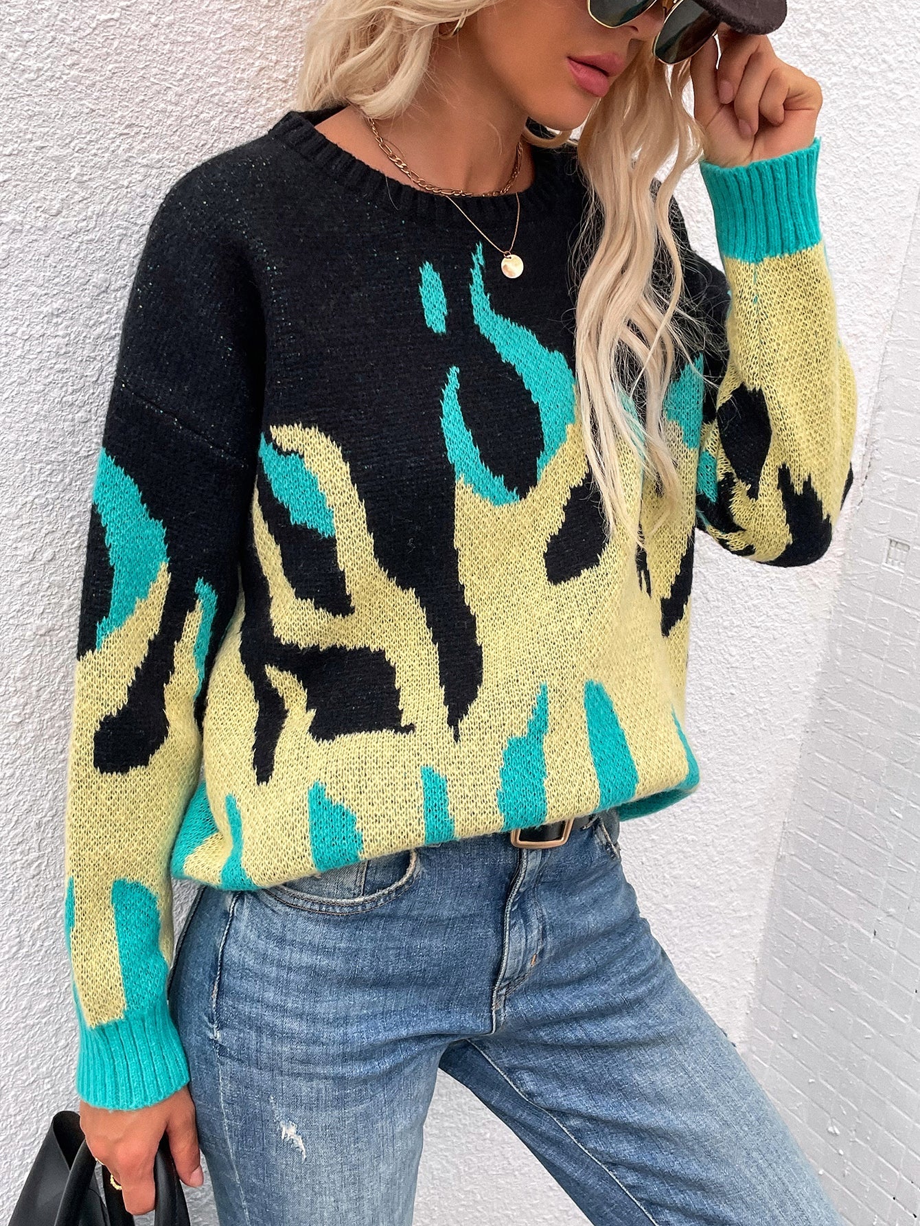 | Green Yellow Flame Black Knit Sweater