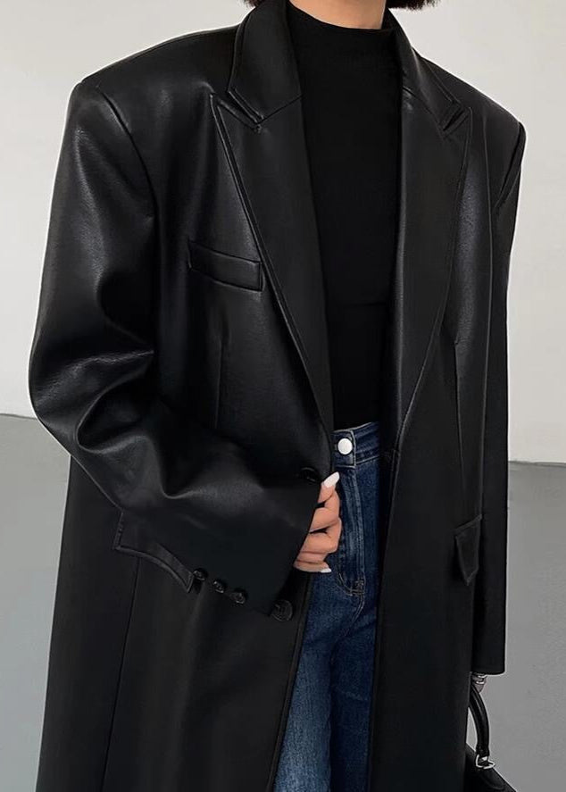Oversized Faux Leather Long Coat – ’s Dark Brown Single-breasted Jacket