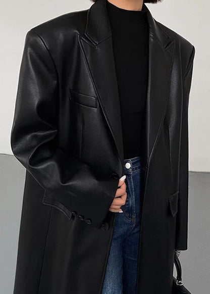 Oversized Faux Leather Long Coat – ’s Dark Brown Single-breasted Jacket